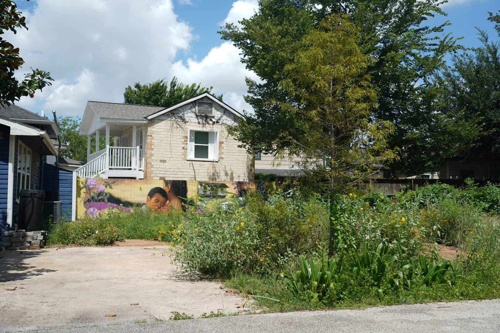 A corner garden with a mural, young trees and houses along a Houston street